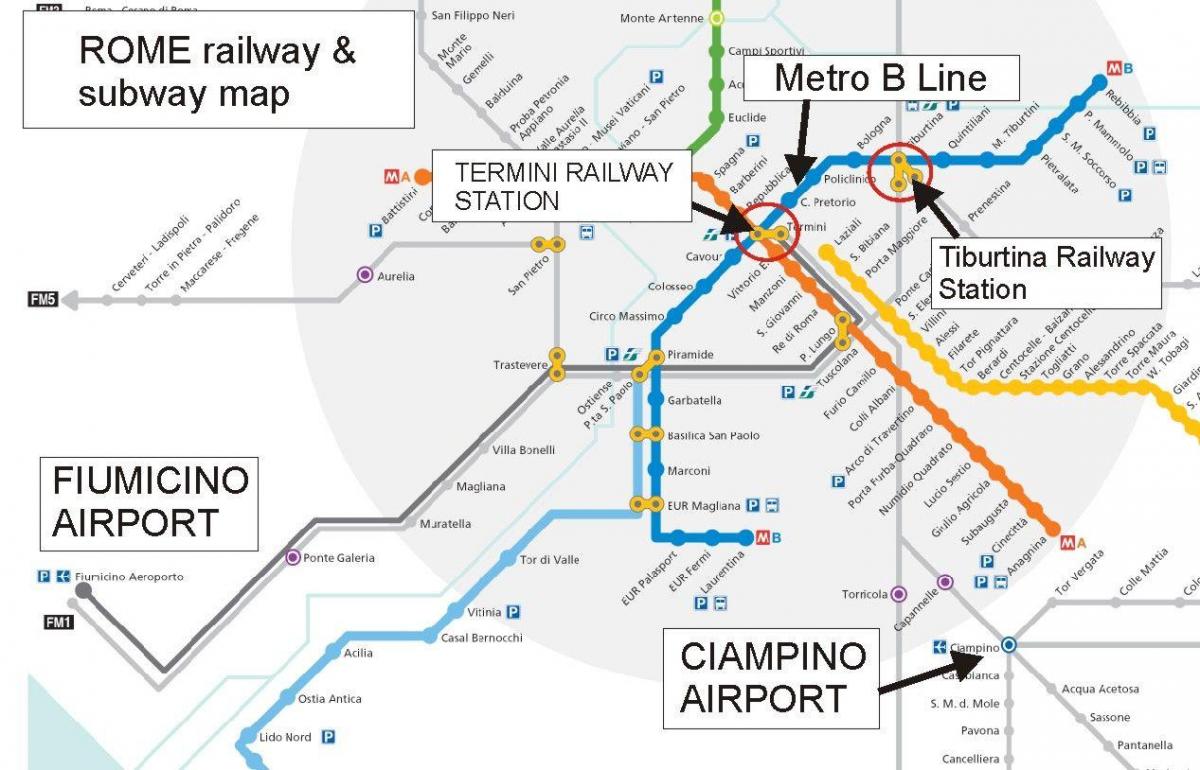 карта Рима до аэропорта и железнодорожного вокзала